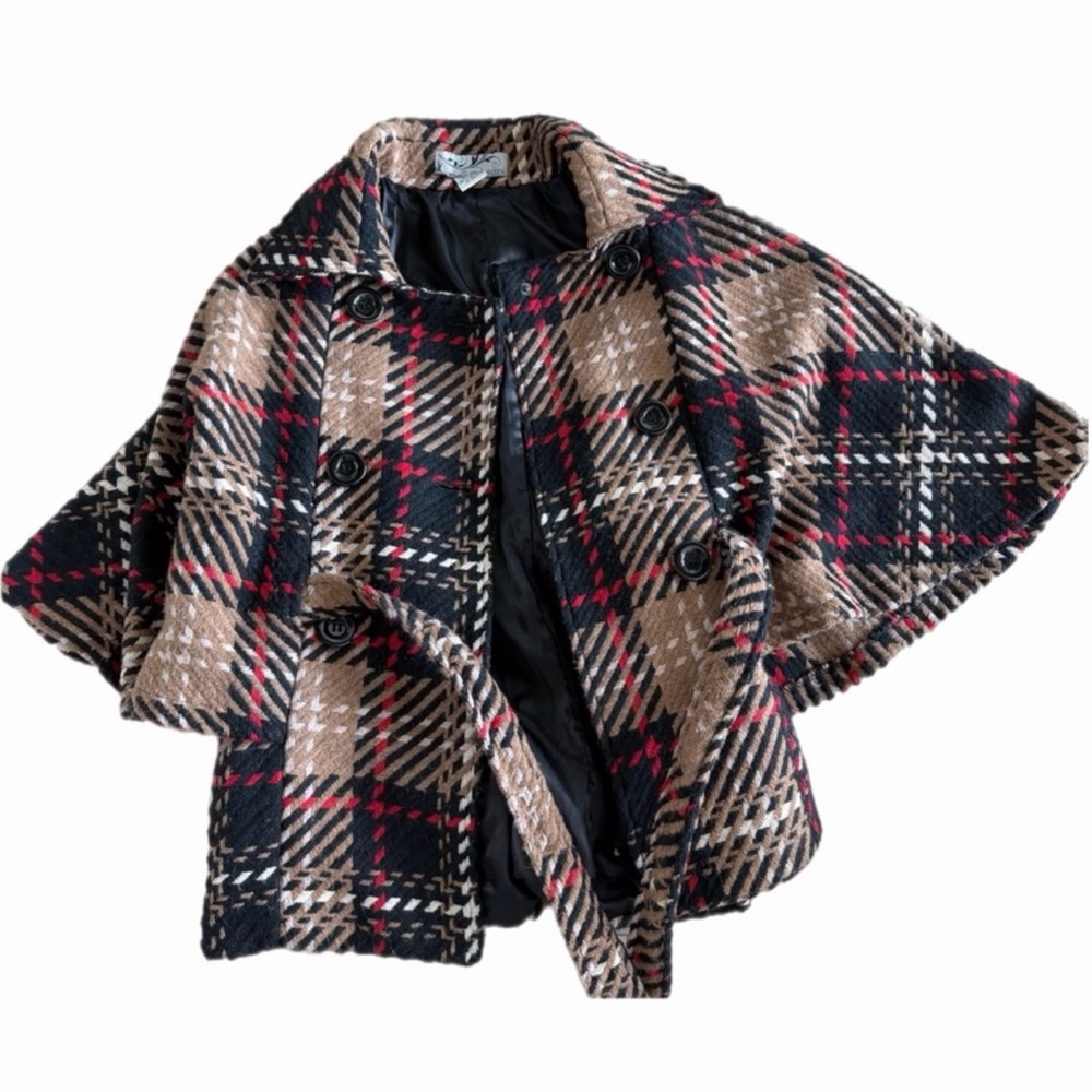 Steve Madden Plaid Cape - Black, Red, Tan